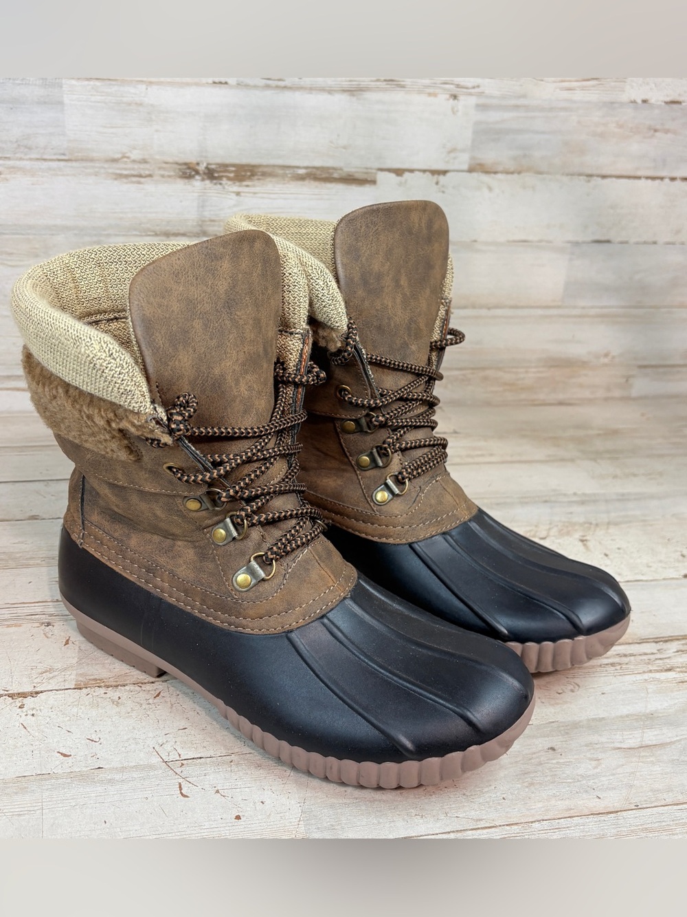 Marleylilly Duck Boots Brown Black Lace Up Waterproof Women’s Size 8
